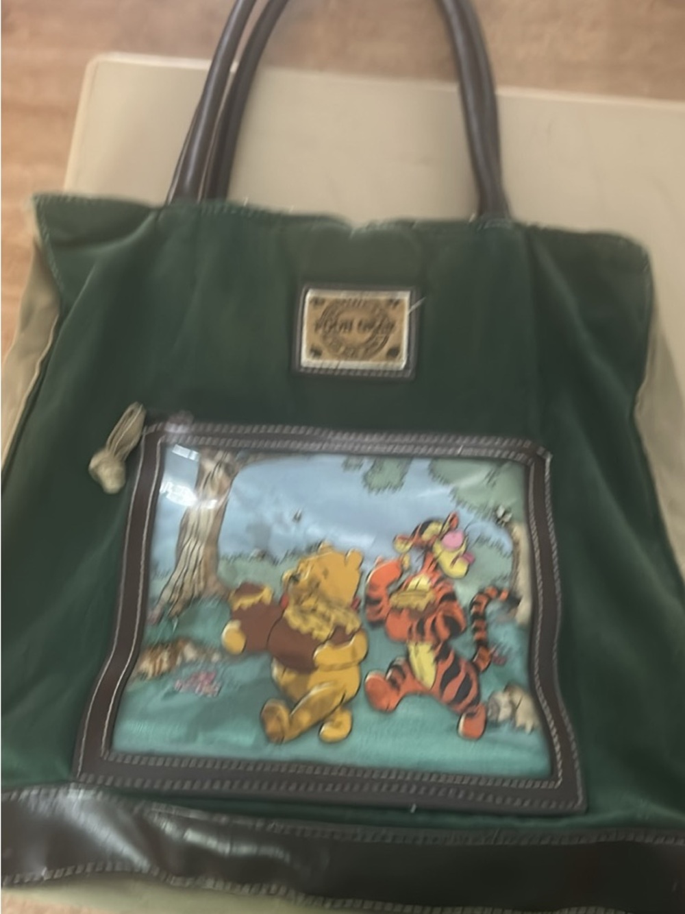 Vintage Winnie the Pooh Green Canvas Tote Bag with Tigger Front Panel